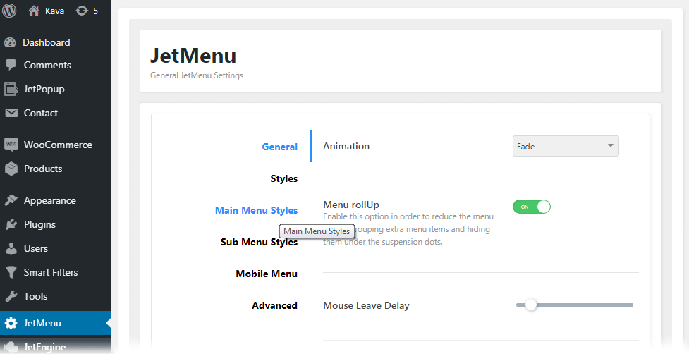 main menu styles settings